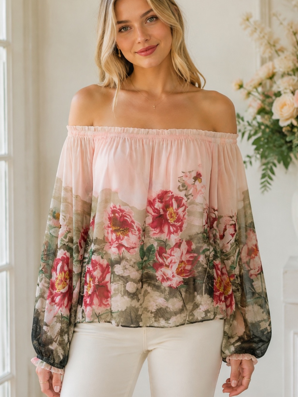 White House Black Market Pink Floral Off-Shoulder Blouse 39884